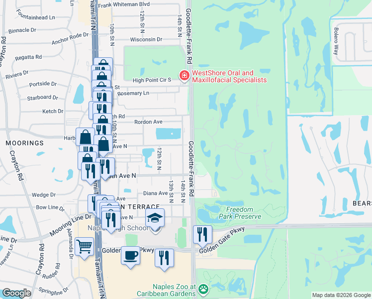 map of restaurants, bars, coffee shops, grocery stores, and more near 2770 14th Street North in Naples