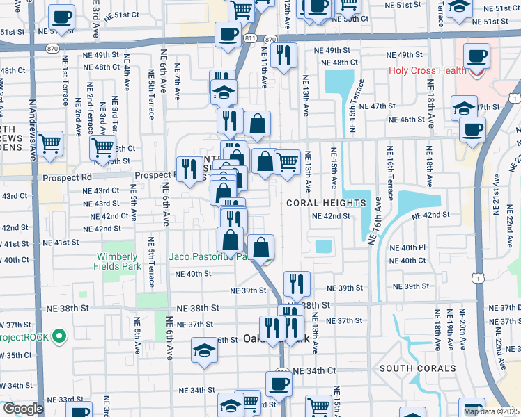 map of restaurants, bars, coffee shops, grocery stores, and more near 1078 Northeast 43rd Street in Oakland Park