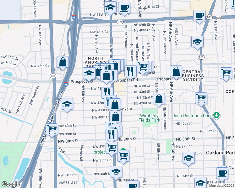 map of restaurants, bars, coffee shops, grocery stores, and more near 95 Northeast 41st Street in Oakland Park