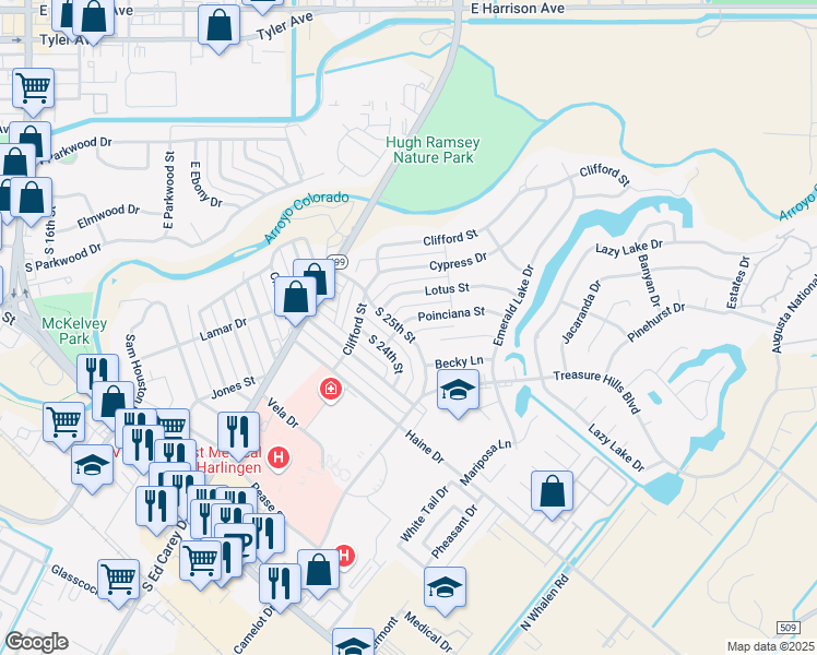 map of restaurants, bars, coffee shops, grocery stores, and more near 2502 Poinciana Street in Harlingen