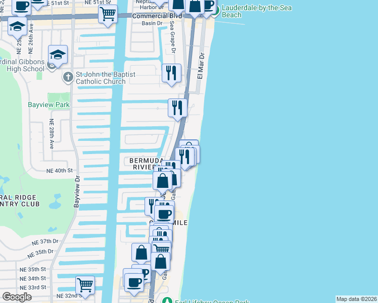 map of restaurants, bars, coffee shops, grocery stores, and more near 4240 Galt Ocean Drive in Fort Lauderdale