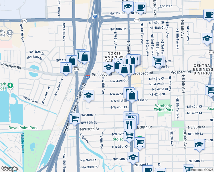 map of restaurants, bars, coffee shops, grocery stores, and more near 4303 Northwest 5th Avenue in Oakland Park
