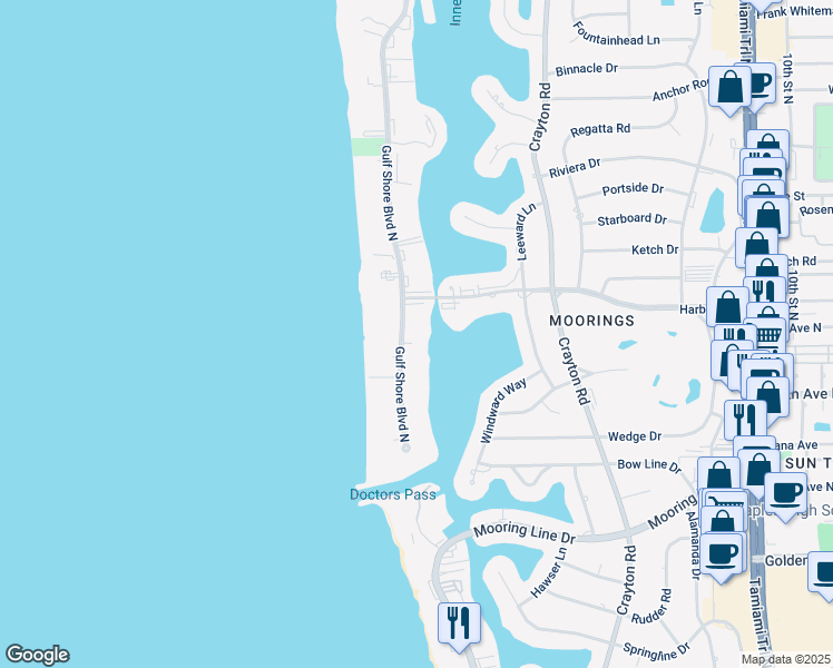 map of restaurants, bars, coffee shops, grocery stores, and more near 2850 Gulf Shore Boulevard North in Naples