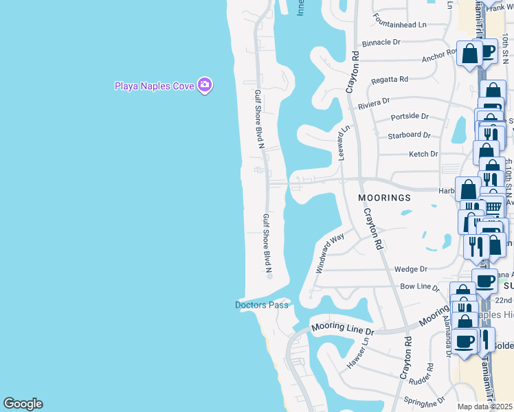 map of restaurants, bars, coffee shops, grocery stores, and more near 2885 Gulf Shore Boulevard North in Naples