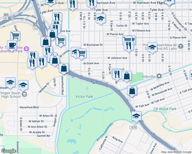map of restaurants, bars, coffee shops, grocery stores, and more near 1225 West Garfield Street in Harlingen