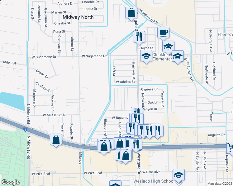 map of restaurants, bars, coffee shops, grocery stores, and more near 2000 Taft Street in Weslaco