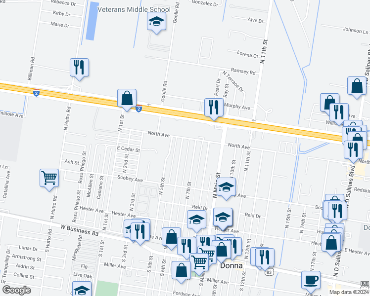 map of restaurants, bars, coffee shops, grocery stores, and more near 513 North 6th Street in Donna
