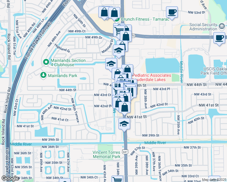map of restaurants, bars, coffee shops, grocery stores, and more near 4390 Northwest 41st Terrace in Lauderdale Lakes