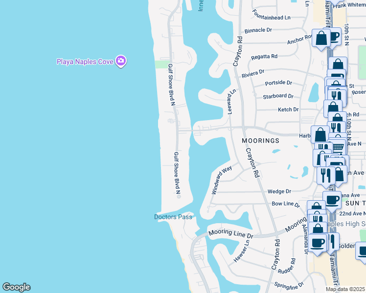 map of restaurants, bars, coffee shops, grocery stores, and more near 2850 Gulf Shore Boulevard North in Naples