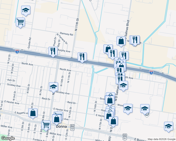 map of restaurants, bars, coffee shops, grocery stores, and more near 603 Monterrey Drive in Donna