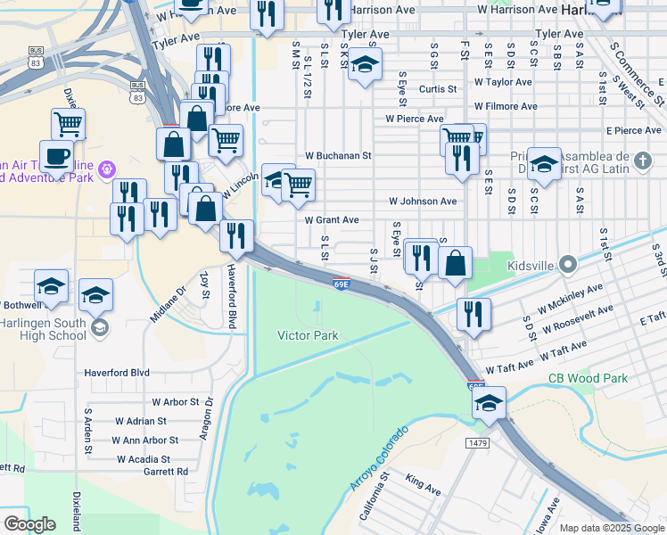 map of restaurants, bars, coffee shops, grocery stores, and more near 1225 West Garfield Street in Harlingen