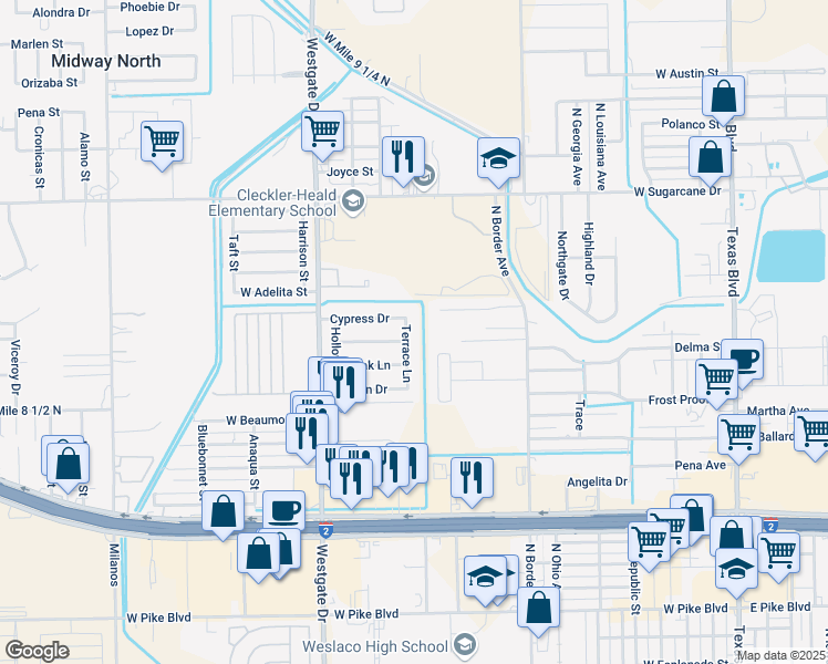 map of restaurants, bars, coffee shops, grocery stores, and more near 1435 Meadow Drive in Weslaco