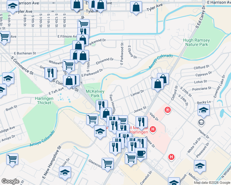 map of restaurants, bars, coffee shops, grocery stores, and more near 1620 Sam Houston Drive in Harlingen