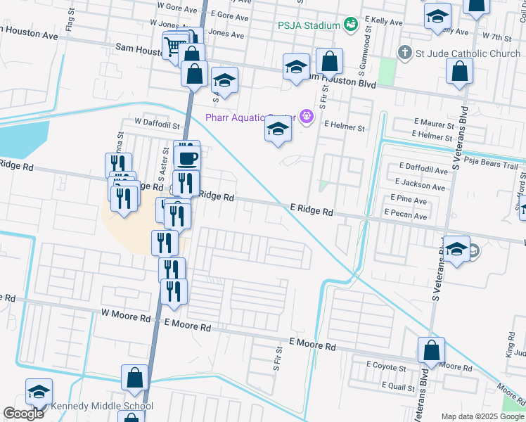 map of restaurants, bars, coffee shops, grocery stores, and more near 1302 South Ebony Street in Pharr