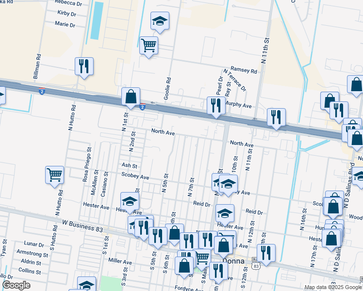 map of restaurants, bars, coffee shops, grocery stores, and more near 513 North 6th Street in Donna