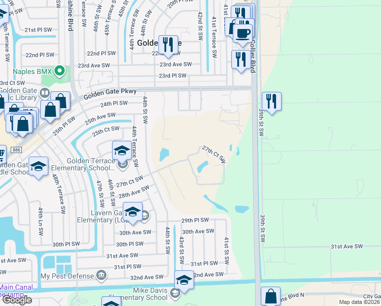map of restaurants, bars, coffee shops, grocery stores, and more near 4158 27th Court Southwest in Naples