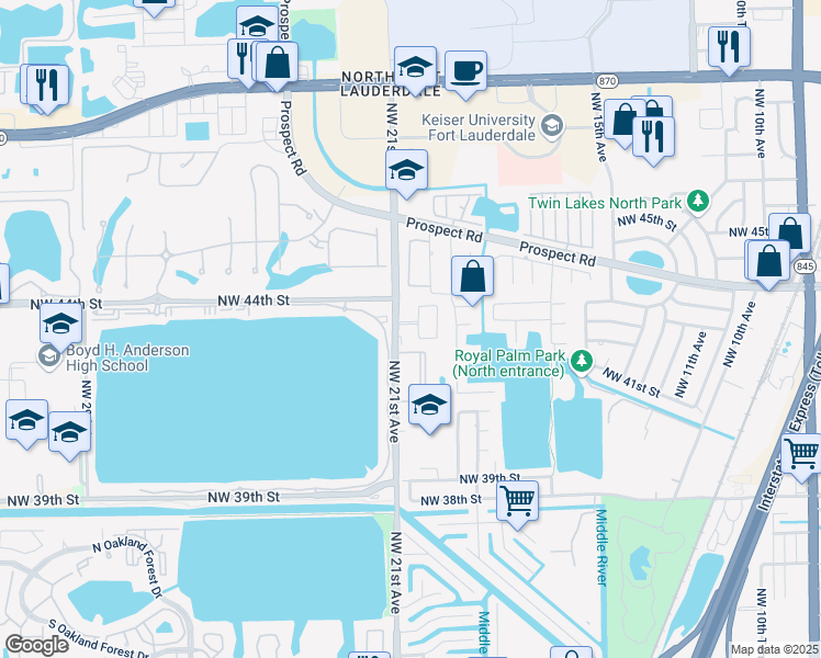 map of restaurants, bars, coffee shops, grocery stores, and more near 4281 Northwest 20th Avenue in Oakland Park