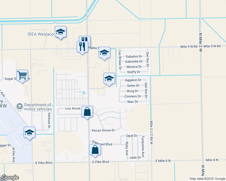 map of restaurants, bars, coffee shops, grocery stores, and more near 2202 North International Boulevard in Weslaco