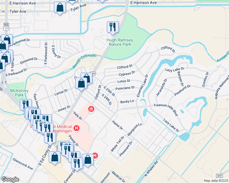 map of restaurants, bars, coffee shops, grocery stores, and more near 2502 Poinciana Street in Harlingen