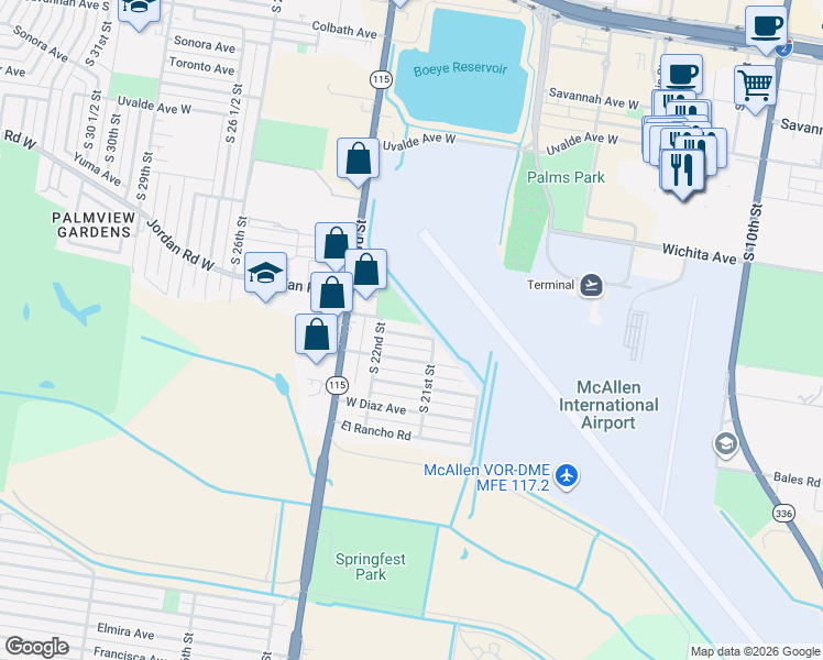 map of restaurants, bars, coffee shops, grocery stores, and more near 2124 Azteca Avenue in McAllen