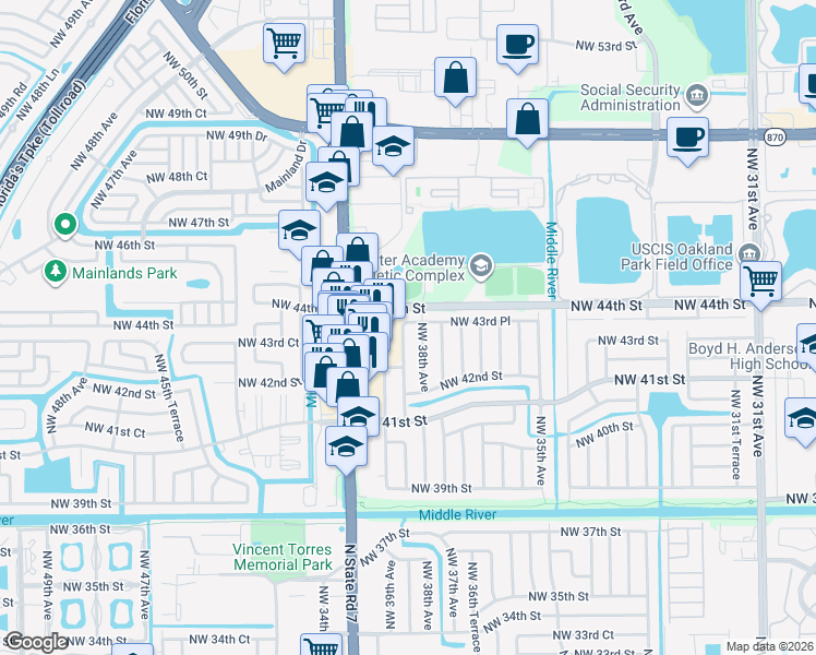 map of restaurants, bars, coffee shops, grocery stores, and more near 4372 Northwest 38th Avenue in Fort Lauderdale