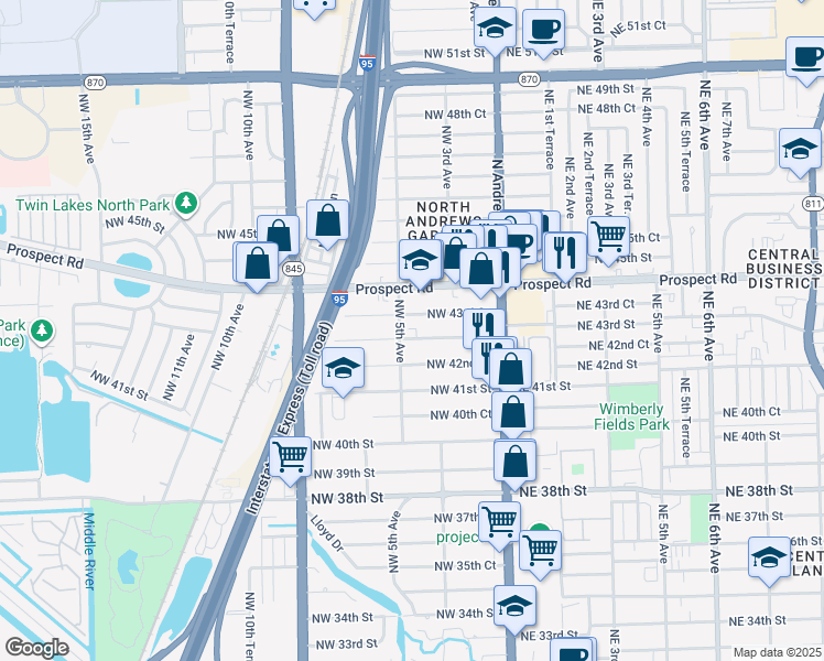 map of restaurants, bars, coffee shops, grocery stores, and more near 4303 Northwest 5th Avenue in Oakland Park