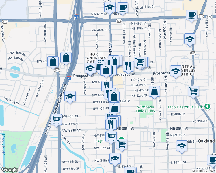 map of restaurants, bars, coffee shops, grocery stores, and more near 147 Northwest 43rd Street in Oakland Park