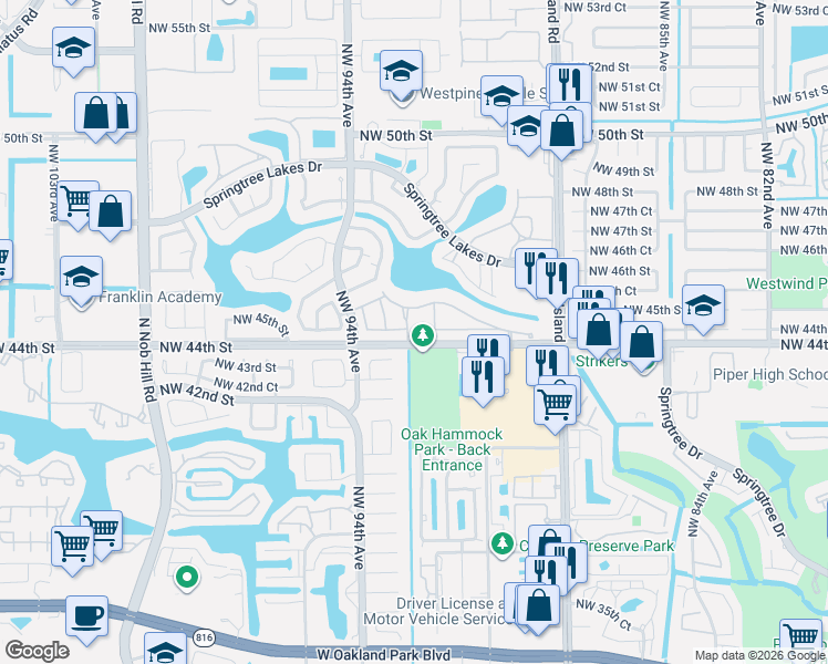 map of restaurants, bars, coffee shops, grocery stores, and more near 4408 Northwest 92nd Way in Sunrise