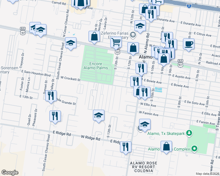 map of restaurants, bars, coffee shops, grocery stores, and more near 402 Lance Street in Alamo