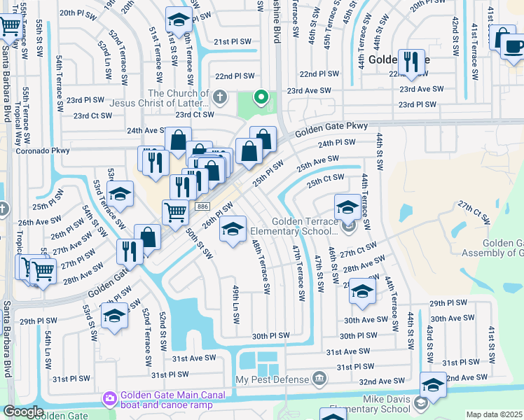 map of restaurants, bars, coffee shops, grocery stores, and more near 2550 Tropicana Boulevard in Naples