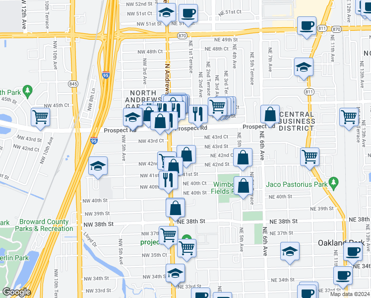 map of restaurants, bars, coffee shops, grocery stores, and more near 4303 Northeast 1st Terrace in Oakland Park