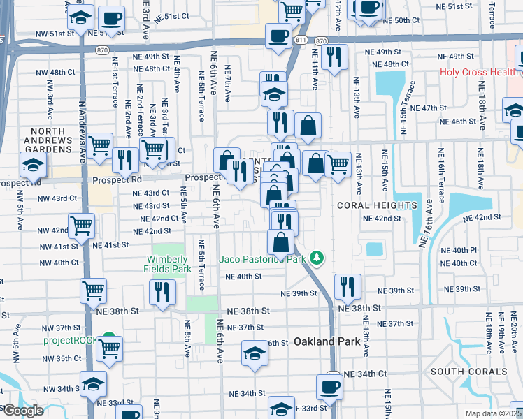 map of restaurants, bars, coffee shops, grocery stores, and more near 798 Northeast 43rd Street in Oakland Park