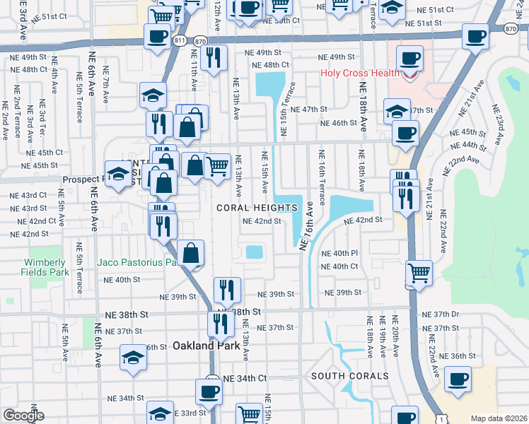 map of restaurants, bars, coffee shops, grocery stores, and more near 1441 Northeast 42nd Street in Oakland Park