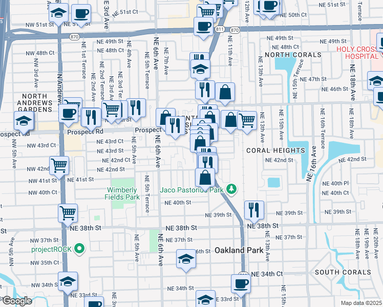 map of restaurants, bars, coffee shops, grocery stores, and more near 798 Northeast 43rd Street in Oakland Park