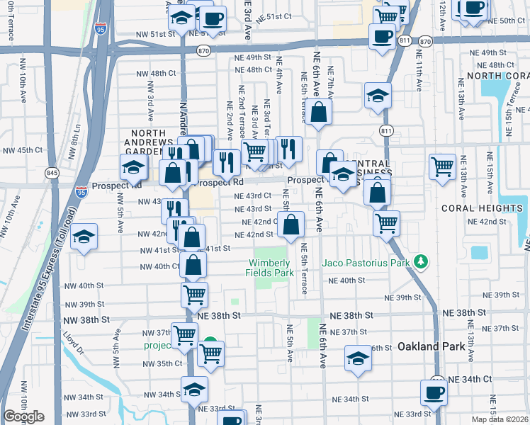 map of restaurants, bars, coffee shops, grocery stores, and more near 330 Northeast 43rd Street in Oakland Park