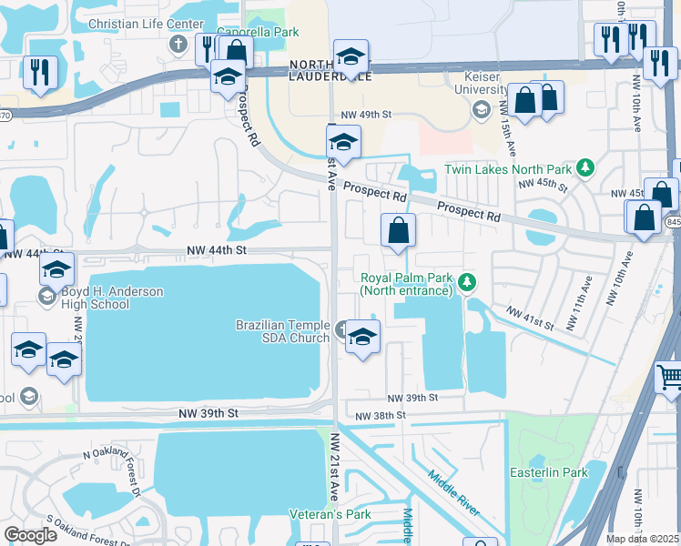 map of restaurants, bars, coffee shops, grocery stores, and more near 4281 Northwest 20th Avenue in Oakland Park