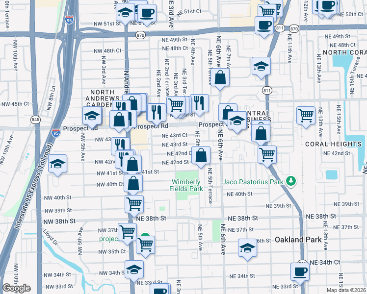 map of restaurants, bars, coffee shops, grocery stores, and more near 330 Northeast 43rd Street in Oakland Park