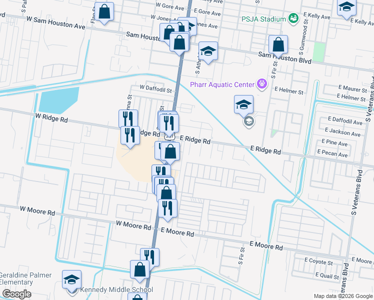 map of restaurants, bars, coffee shops, grocery stores, and more near 1306 South Athol Street in Pharr