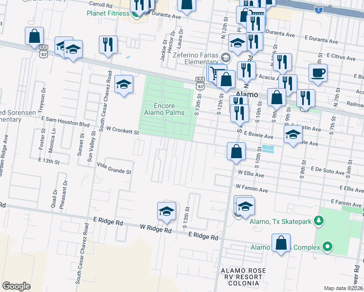 map of restaurants, bars, coffee shops, grocery stores, and more near 402 Lance Street in Alamo