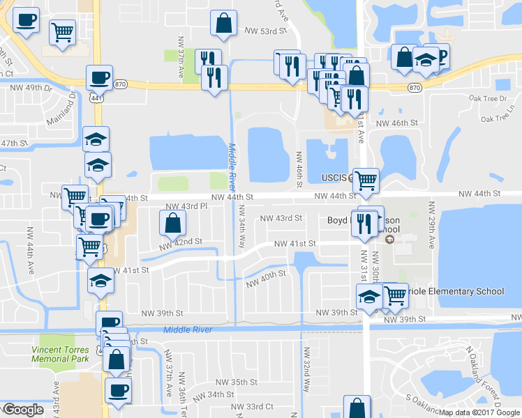 map of restaurants, bars, coffee shops, grocery stores, and more near 3412 Northwest 43rd Place in Fort Lauderdale