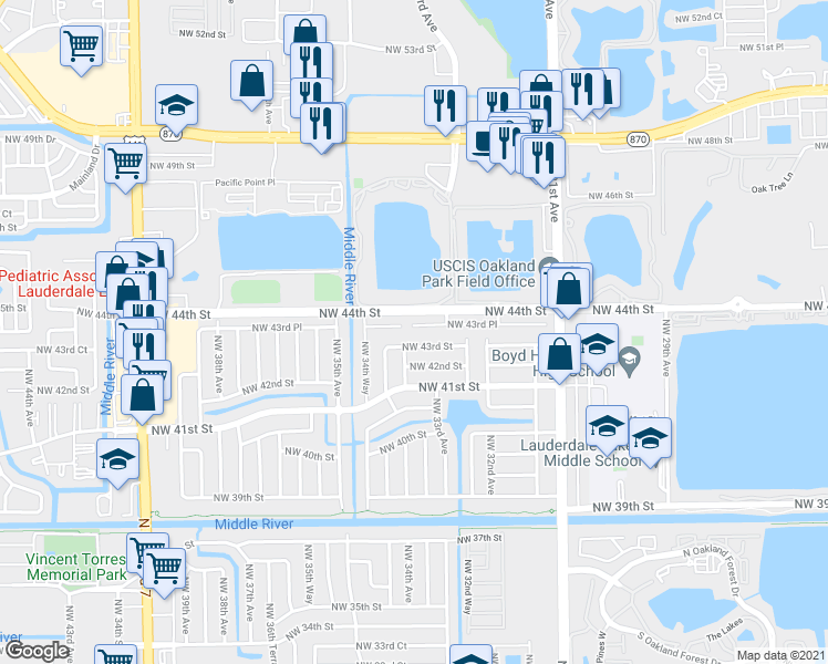 map of restaurants, bars, coffee shops, grocery stores, and more near 3284 Northwest 43rd Place in Fort Lauderdale