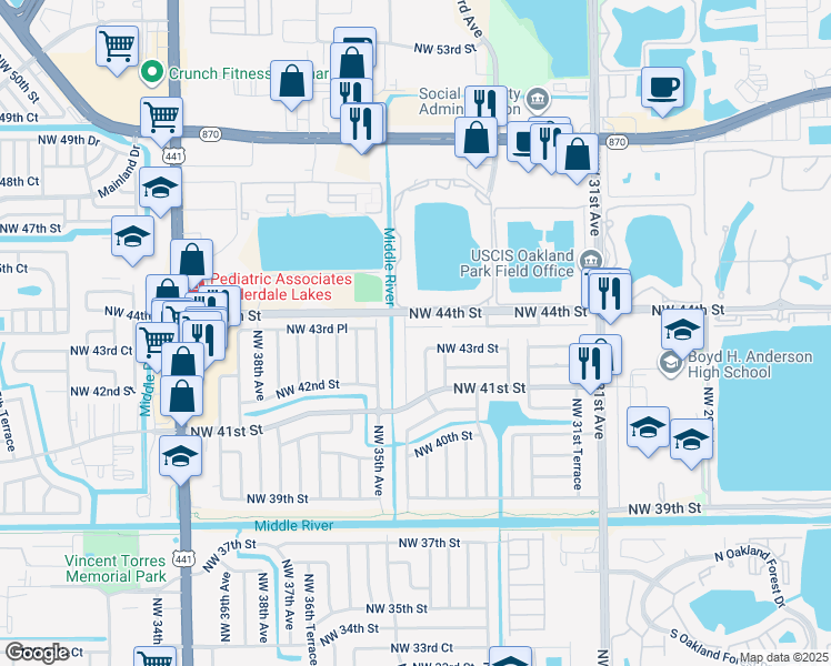 map of restaurants, bars, coffee shops, grocery stores, and more near 3470 Northwest 43rd Place in Lauderdale Lakes
