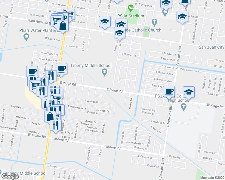 map of restaurants, bars, coffee shops, grocery stores, and more near 755 East Ridge Road in Pharr
