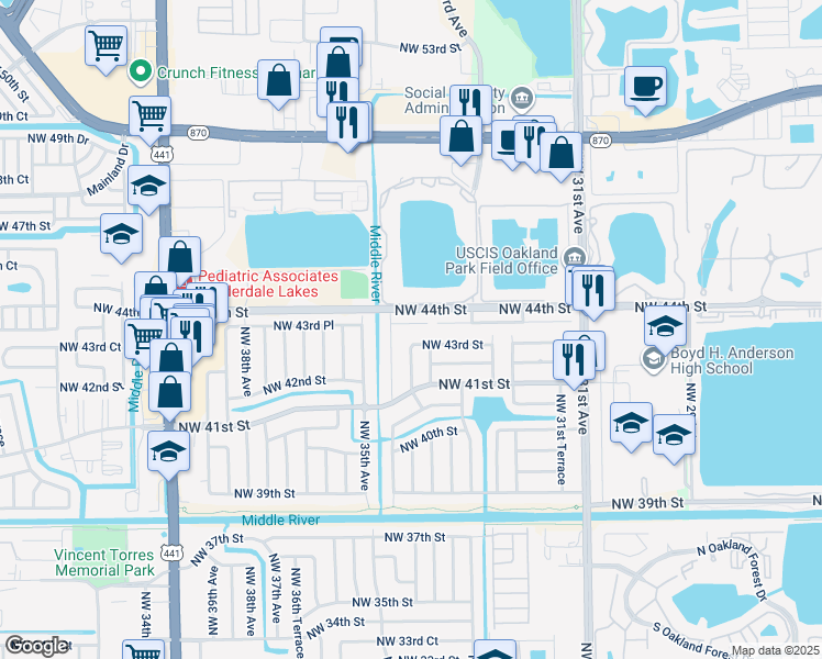 map of restaurants, bars, coffee shops, grocery stores, and more near 3470 Northwest 43rd Place in Lauderdale Lakes
