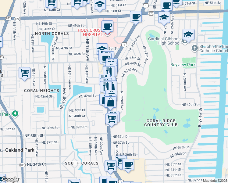 map of restaurants, bars, coffee shops, grocery stores, and more near 4109 Northeast 22nd Avenue in Fort Lauderdale