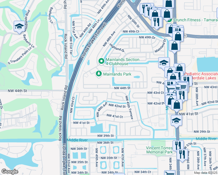 map of restaurants, bars, coffee shops, grocery stores, and more near 4632 Northwest 44th Street in Tamarac