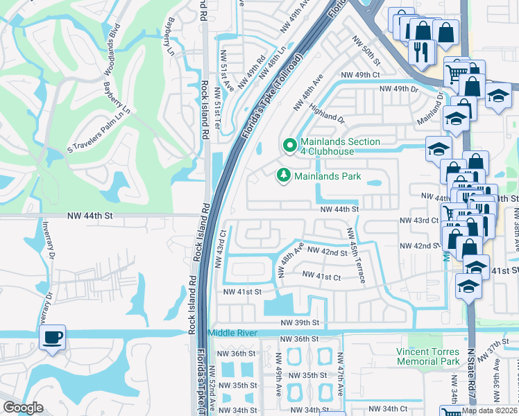 map of restaurants, bars, coffee shops, grocery stores, and more near 4722 Northwest 44th Street in Tamarac
