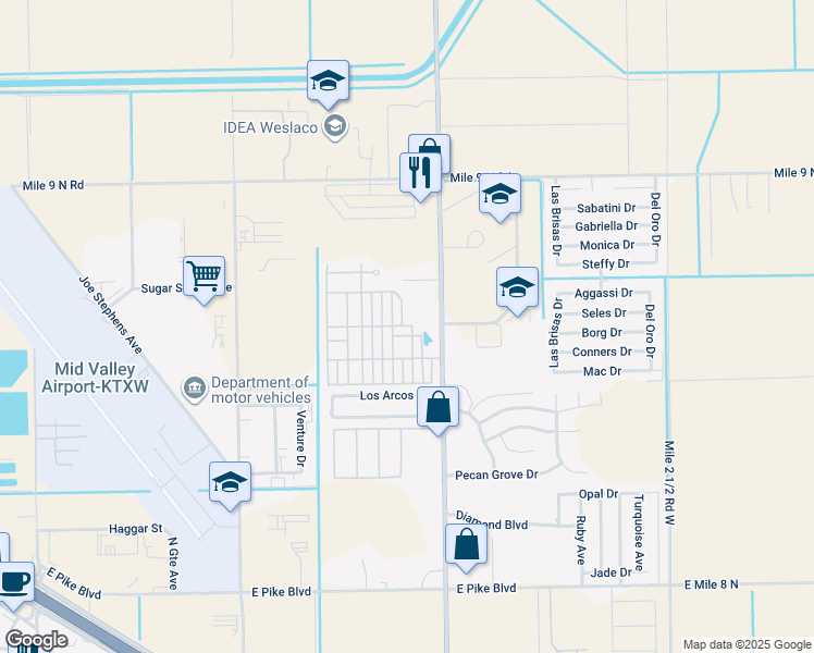 map of restaurants, bars, coffee shops, grocery stores, and more near 3085 Dianne Drive in Weslaco