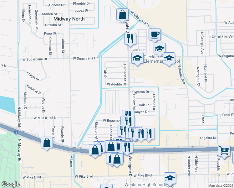 map of restaurants, bars, coffee shops, grocery stores, and more near 2005 Harrison Street in Weslaco