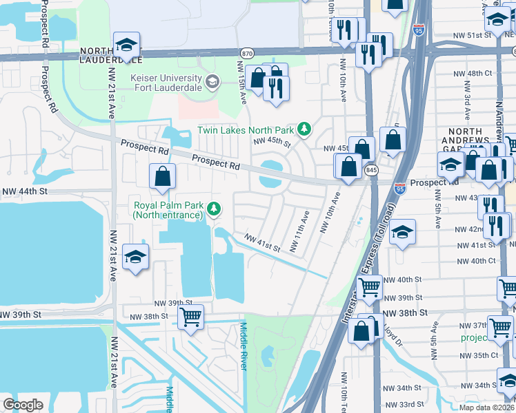 map of restaurants, bars, coffee shops, grocery stores, and more near 1300 Northwest 42nd Street in Oakland Park
